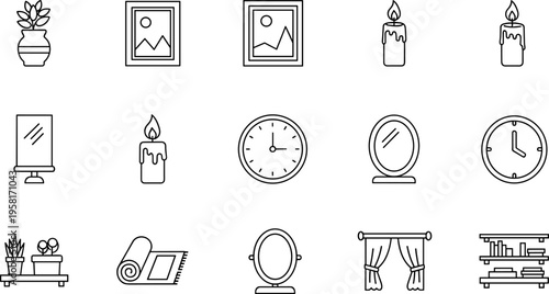 Collection of line art icons representing home decor and interior design elements