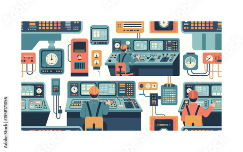 factory control panel room seamless pattern, technicians managing production with dashboards, screens, control panels, dials and levers arranged in a repeating