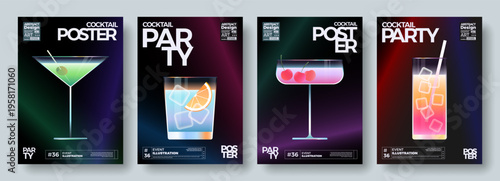 Modern posters set of abstract gradient cocktails. Modern illustrations with various types of glasses with different alcohol drinks. Trendy graphic for invitation, flyer, wall art, banner, cover