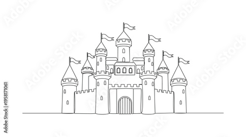 Royal Fortress. Minimalistic one-line drawing grand castle with flags flying and gates closed symbolizing a kingdom, continuous single black line on white