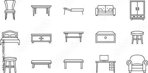Collection of modern furniture icons in a clean line art style