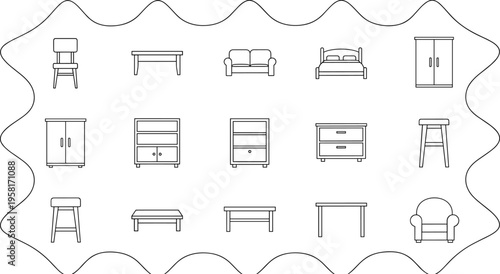 Collection of simple line art icons representing various furniture pieces for interior design