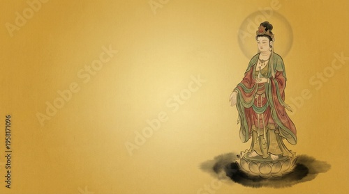 Elegant Standing Guanyin Bodhisattva Statue Illustration on Textured Gold Background