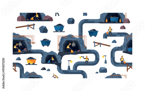 coal mine environment seamless pattern, repeating pattern, surface design, textile print, modern illustration of tunnels, mining carts, debris, and miners at
