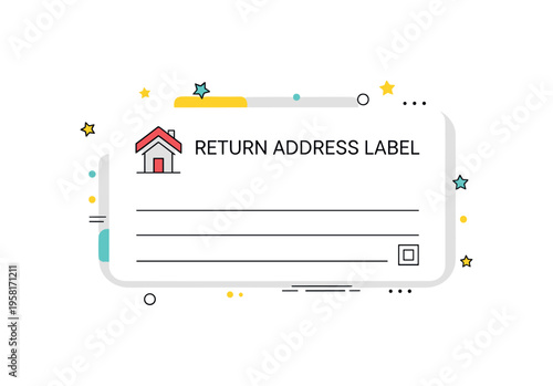 Return address label with a subtle color accent and small icon of a house, showing organized, professional, and readable layout for shipping