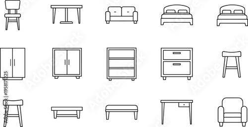 Collection of simple line art icons representing various furniture pieces for interior design