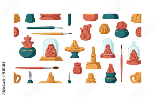 artisanal miniatures seamless pattern, tiny sculptures, clay figures, pedestals, carving tools, brushes and display items arranged in a repeating pattern,