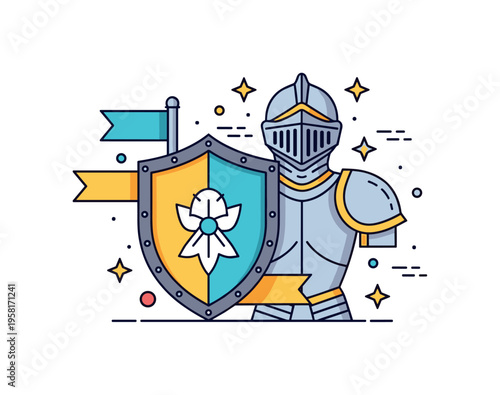 Heraldic shield and armor decorative shield with a stylized crest placed beside classic knight armor while small banner elements add a historical touch. The