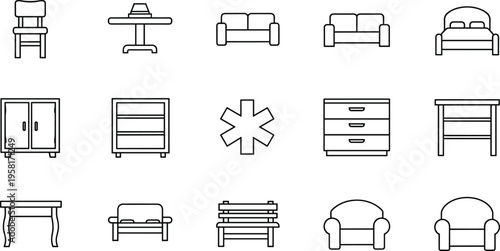 Stylized line icons of various furniture pieces for home decor