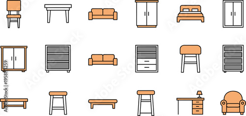 Collection of flat design icons representing various furniture pieces for home and office