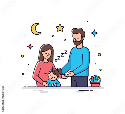 Tender family night moment sleeping child with parents standing nearby while star icons and gentle sparkles suggest calm dreams and loving attention. The