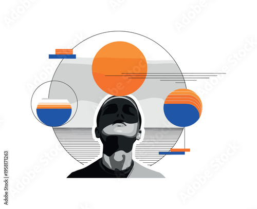 conceptual collage of a person beneath oversized sun disc shading their face, monochrome realistic figure with white cut-out outline, intersecting circles and