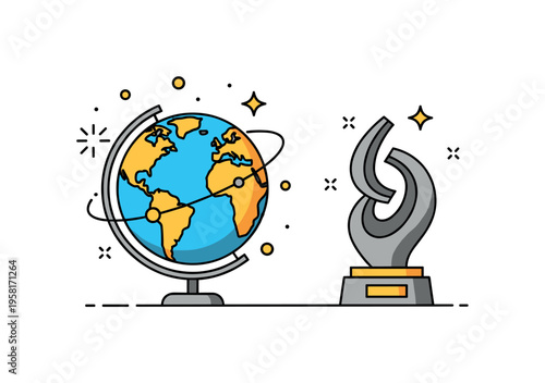 Earth globe resting on a simple stand with subtle highlights and tiny orbiting decorative elements like stars and dots, representing knowledge, travel, and