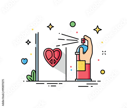 Public art activism concept shown by a raised spray can forming a small heart or peace symbol on a wall, symbolizing voice and social awareness through art.