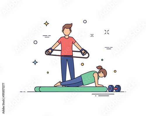 Rehabilitation exercises with a person using resistance bands and light weights, focusing on regaining strength and mobility after sports injury. Minimalist
