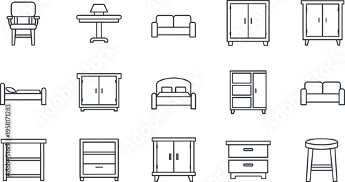Collection of simple line art icons representing various furniture pieces for home decor