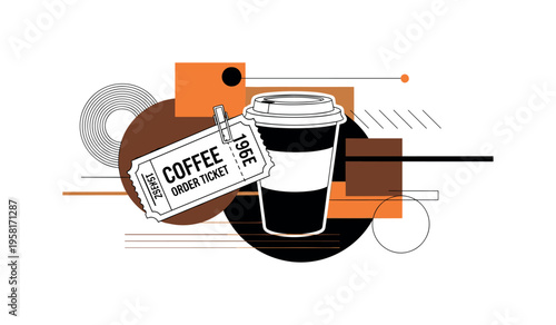 coffee order ticket clipped to cup abstract circles lines and geometric blocks symbolizing cafe workflow black and white retro coffee cup and ticket with white