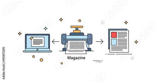 Magazine publishing workflow illustrated by a small printing press icon producing fresh pages labeled ?Magazine?. The compact scene highlights the transition