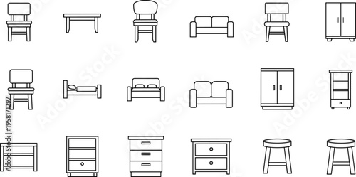 Collection of simple line art icons representing various furniture pieces for home decor