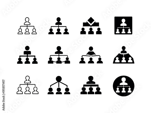 company structure. Icon set. Set Logo of company structure: organizational hierarchy chart. harmonious logo variations of the same emblematic concept, each