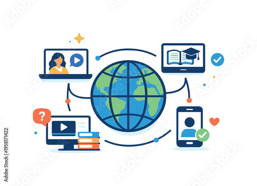 Online education platforms represented by a globe connected to multiple screens, symbolizing global access to knowledge and inclusive digital