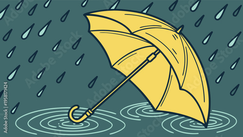 Yellow umbrella laying on the ground during a heavy rain storm with water ripples in puddles as a flat vector illustration design.
