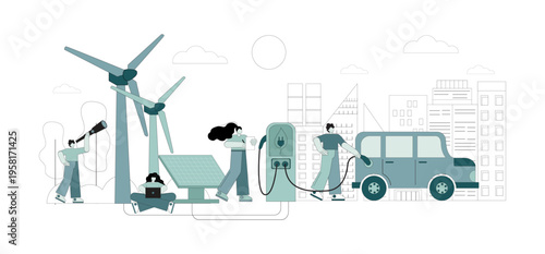 Electric refueling and alternative energy sources. People use solar and wind energy to generate power. Green energy.eps