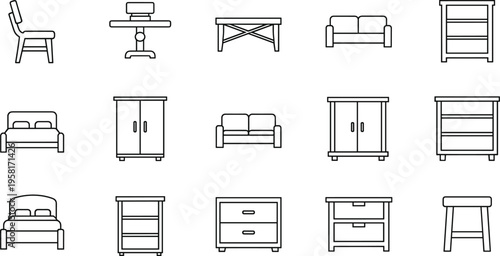 Collection of simple line art icons representing various furniture pieces for interior design