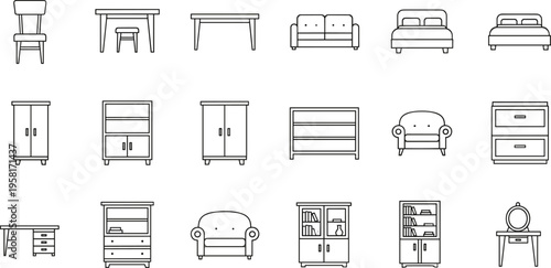 Collection of modern line art furniture icons for interior design and home decor