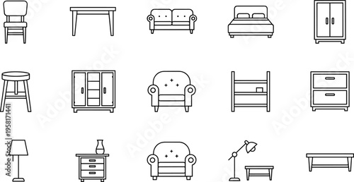 Collection of simple line art icons representing various furniture pieces for home decor