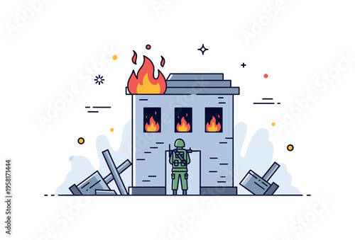 Burning structure background with a soldier standing in front while flames flicker through windows and debris lies nearby. The composition highlights isolation