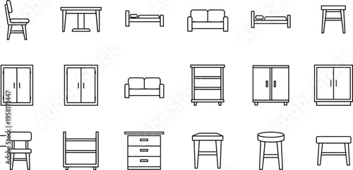 Collection of simple line art icons representing various furniture pieces for interior design