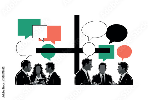 Black and white overlapping silhouettes of coworkers in conversation, speech bubbles transformed into geometric blocks and circles above, bold rectangular