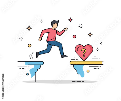 Emotional leap of faith person jumping across a small gap toward a heart shaped platform representing hope, connection and the uncertainty of emotional