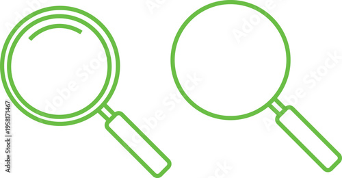 Green magnifying glass icons with handles on white background  simple line art illustrations of two magnifiers