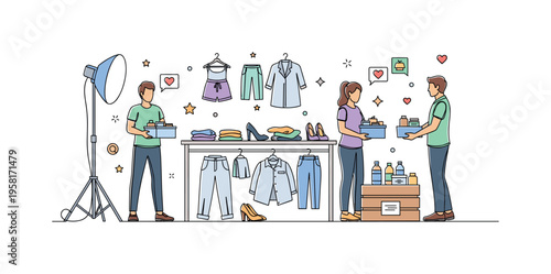 Fashion Editorial Setup. Minimalistic one-line drawing stylist setting up outfit layouts and arranging fashion pieces on a table before photography, continuous