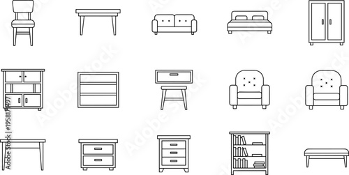 Collection of modern line art icons representing various furniture pieces for home decor