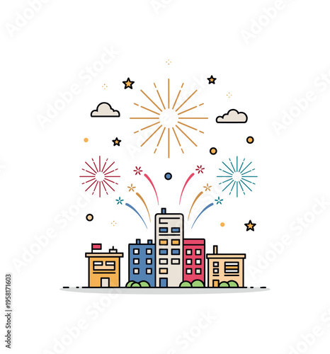 Fireworks show in the night sky above minimal buildings, tiny floating stars and decorative dots highlighting national holiday celebration, excitement, and