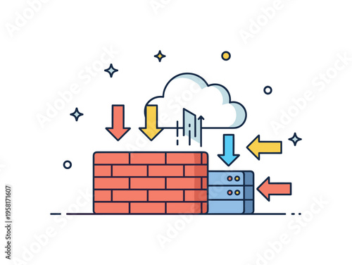 Firewall protection layer represented by stacked brick barriers in front of a small cloud server while incoming arrows stop outside. The symbolic scene