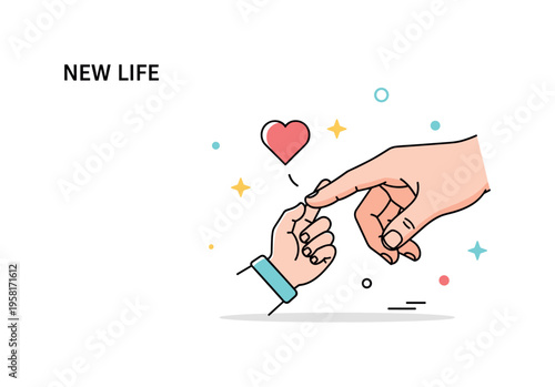 New life connection moment a newborn hand grasping an adult finger while a small heart icon floats nearby symbolizing love, safety and the beginning of family