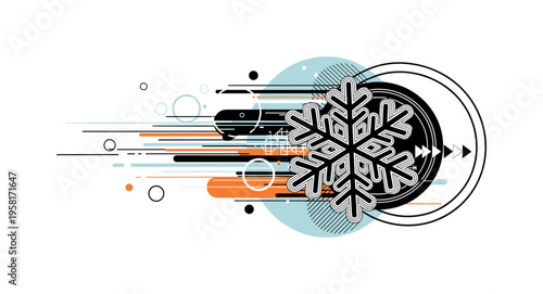 snowflake drifting in breeze abstract circles lines and geometric shapes representing winter wind black and white retro snowflake object with white outline