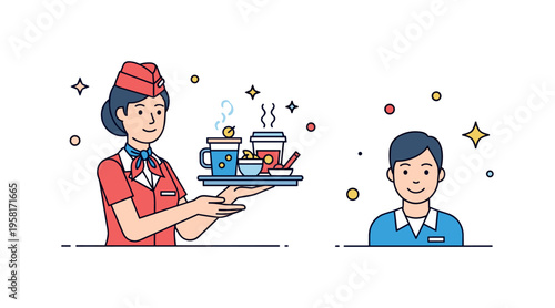 Cabin crew serving drinks flight attendant offering a beverage tray with cups and small snack items while a smiling passenger icon and spark accents suggest
