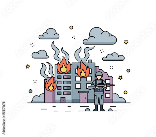 War zone moment with a soldier standing still while a building behind burns with rising flames and smoke clouds. The scene captures a dramatic pause amid