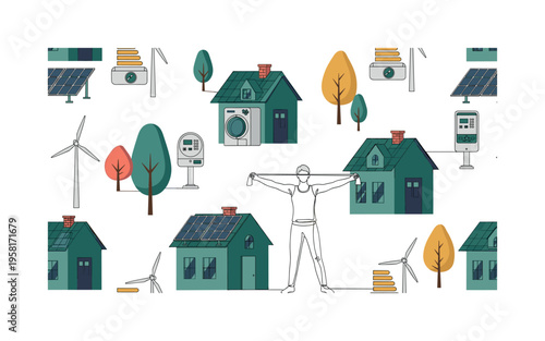 eco home lifestyle seamless pattern, green roofs, solar panels, smart meters, energy-efficient appliances, wind turbines, and trees arranged in a repeating