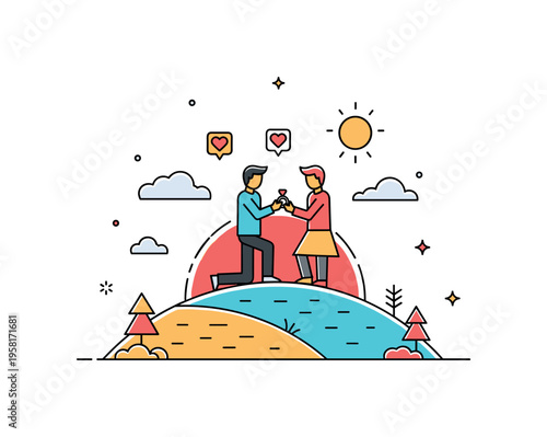 Sunset hilltop proposal couple standing on a hill while one partner offers a ring against a glowing sun and small heart icons in the sky. The composition
