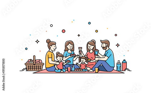 Family picnic reunion cheerful outdoor gathering with a picnic basket, small blanket, and family figures sitting together sharing food and conversation. The