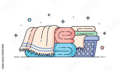 Frayed towel fabric close up towel corner with visible loose threads and soft folds resting beside a small laundry basket. The scene illustrates the natural