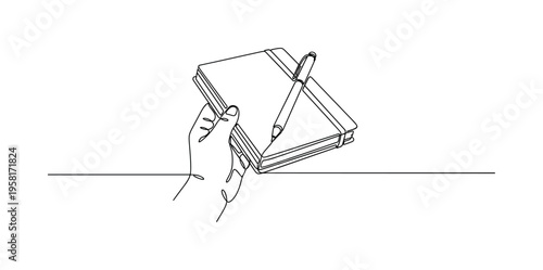Portable Sketchbook. Minimalistic one-line drawing small handheld sketchbook with pen or pencil, continuous single black line on white background, simple