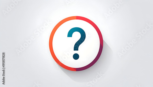 Teal question mark icon on white circle with radial color ring offers inquiry concept