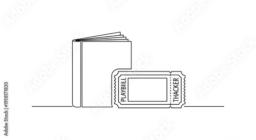 Theater Playbill and Ticket. Minimalistic one-line drawing theater playbill booklet placed beside a performance ticket symbolizing stage show admission,